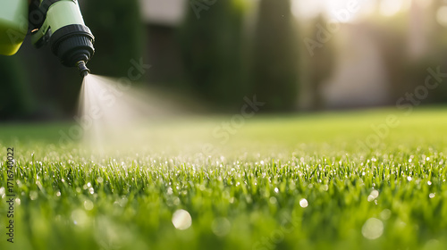 Spraying lush green grass with a sprayer for maintenance in a lawn, lawncare activity, in beautiful sunlight, healthy and vibrant lawn growth.