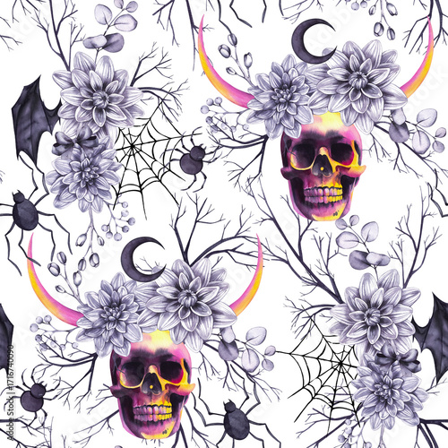 Halloween watercolor seamless pattern Halloween  pumpkins, skulls, flowers, and spooky autumn elements. Perfect for invitations, cards, posters, templates, packaging, and seasonal design projects.