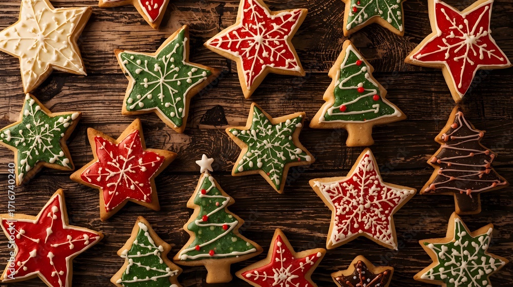 Fototapeta premium Festive christmas star and tree cookies on rustic wooden table background
