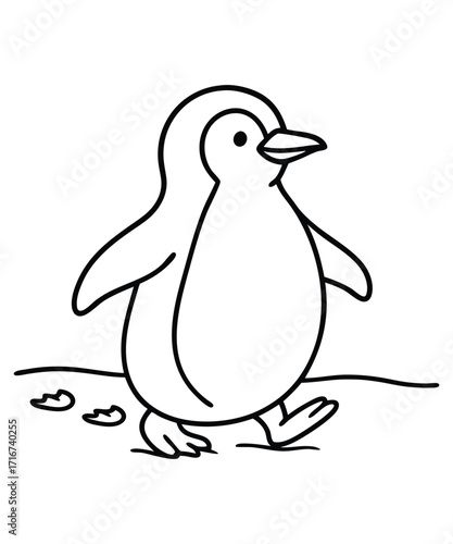 A black and white coloring page featuring adorable penguins delivering letters (with hearts on them) to a polar bear
