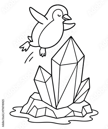 A black and white coloring page featuring adorable penguins delivering letters (with hearts on them) to a polar bear
