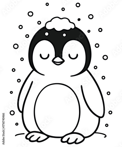 A black and white coloring page featuring adorable penguins delivering letters (with hearts on them) to a polar bear