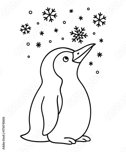 A black and white coloring page featuring adorable penguins delivering letters (with hearts on them) to a polar bear