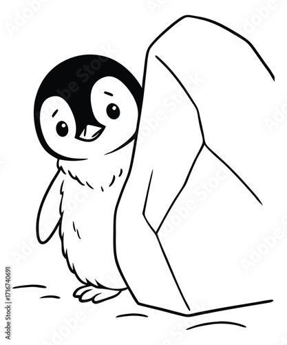 A black and white coloring page featuring adorable penguins delivering letters (with hearts on them) to a polar bear