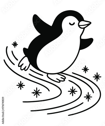 A black and white coloring page featuring adorable penguins delivering letters (with hearts on them) to a polar bear
