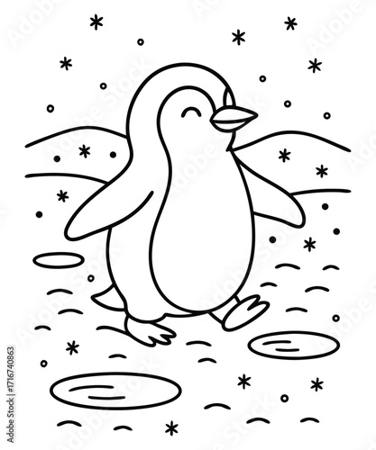 A black and white coloring page featuring adorable penguins delivering letters (with hearts on them) to a polar bear