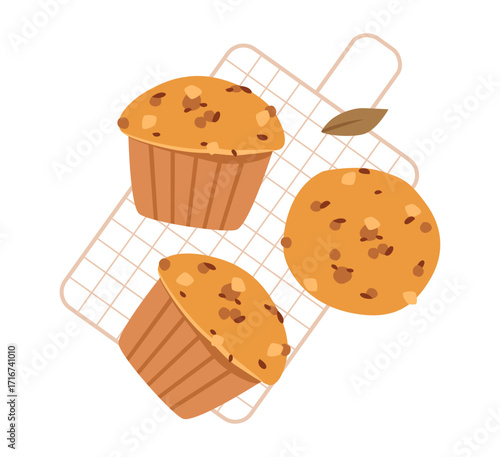 Pumpkin cupcake and muffin. Sweet autumn dessert, cozy seasonal bakery. Recipe or snack concept. Flat vector illustration.
