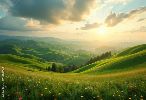 Breathtaking Rolling Green Hills Countryside Landscape with Lush Meadows and Vibrant Flora