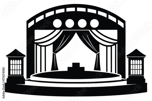 Dramatic Silhouette Illustration of a Classic Theater Stage with Elegant Curtains and Lanterns