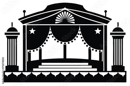 Silhouette of a Black and White Stage with Curtains and Star Decorations