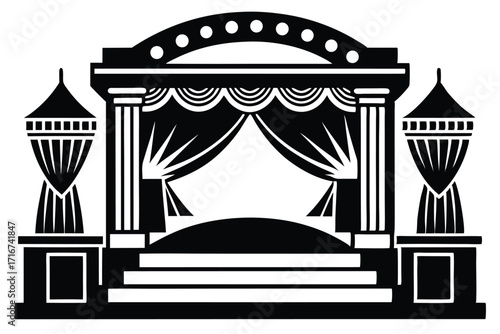 Silhouette Illustration of a Stage with Columns, Curtains, and Steps in Black