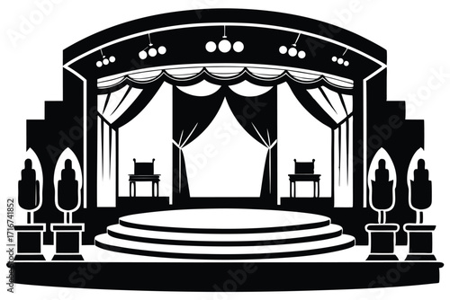 Elegant Black and White Stage Illustration with Chairs, Curtains, and Lighting Design