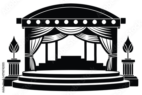 Ornate Black Stage with Curtains, Pillars, and Podium, Ready for Performance or Ceremony