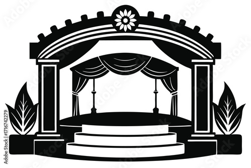 Elegant Black and White Stage Illustration with Curtains, Flower Detail, and Leaves Decor