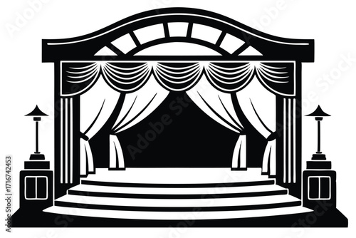 Detailed Illustration of Theater Stage with Curtains, Lights, and Steps in Black Silhouette