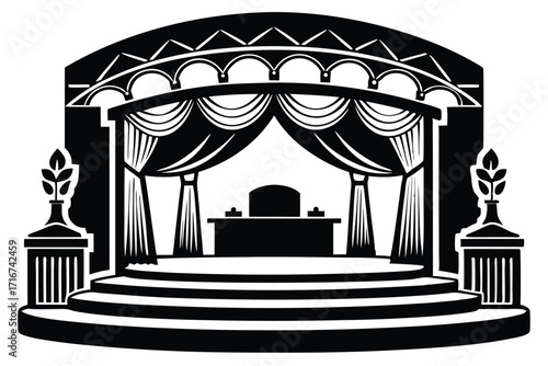 Black and White Stage with Curtains, Arches, and Potted Plants Illustration