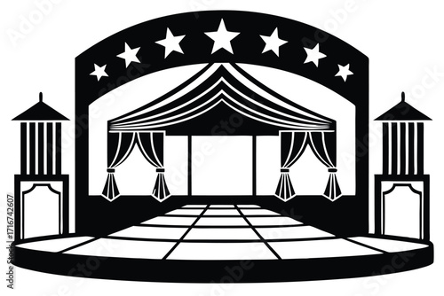 Theater stage with curtains, arch with stars and side towers in black and white