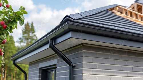 Modern Home Roofing and Gutter System Dark Grey Tile, Black Gutters, Clean Lines, Contemporary Design. Roofing,Gutters