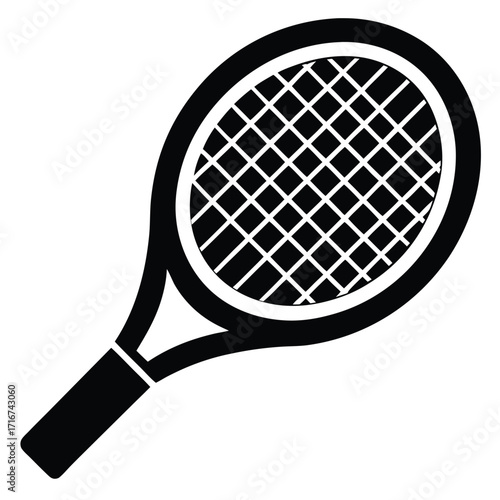 Graphic Depiction of a Black Tennis Racket with Strings on a Light Background
