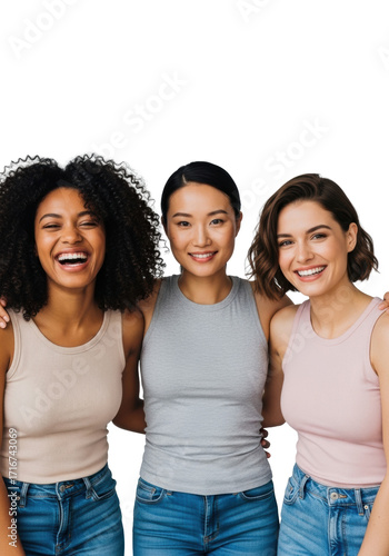 Three diverse young adult women embracing, laughing, smiling in a clean light grey studio with copy space, soft lighting. Concept of diverse friendship and joy
