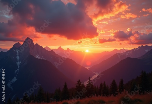 Dramatic Vibrant Sunset Over Expansive Mountain Ranges with Rich Colors and Majestic Peaks