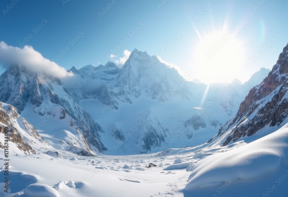 Obraz premium Glistening Snow-Capped Peaks Sunlit Majestic Mountain Panorama Scenic Winter Skyscape Adventure
