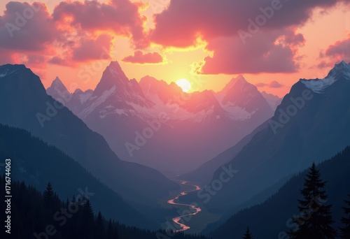 majestic mountain peaks under dramatic sunset sky vibrant color palette nature landscape high altitude beauty, horizon, cloud, view, river, forest, scenery