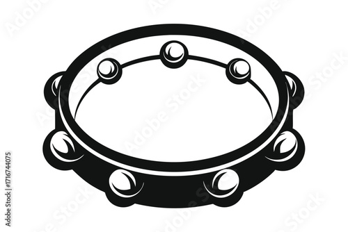 Black Graphic Illustration Depicting a Tambourine with Metal Jingles for Music and Percussion
