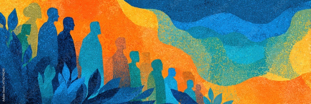 Obraz premium community engagement postcard, designer postcard template featuring diverse community participation theme, warm color palette, abstract silhouettes, motivational design, inclusive framing