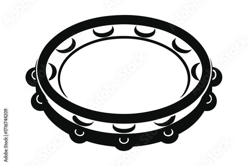 Black tambourine musical instrument illustration, circular percussion with crescent jingles for rhythm and beats