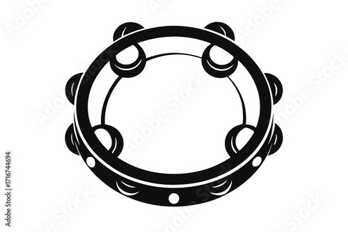 Elegant Black and White Tambourine Illustration with Detailed Jingle and Frame Design