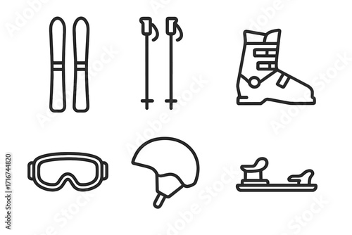 Ski equipment icon set. Winter sports gear collection. Minimalist linear vector icons for skiing, including skis, poles, boot, goggles, helmet, and binding. Outline style.
