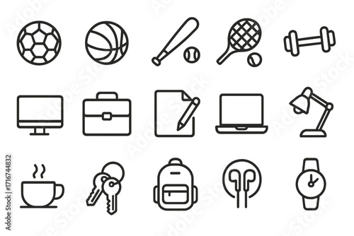 Work life balance icon set. Minimalist outline icons for sports, office, and everyday essentials. Vector symbols for daily routine, fitness, work, and leisure activities.
