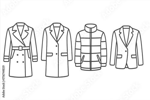 Set of classic and modern coats line icons. Minimalist outline vector illustration of trench coat, overcoat, puffer jacket and blazer. Fashion outerwear collection.