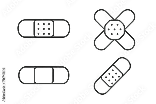 Bandage outline icon set. Minimalist line art vector illustration of adhesive plasters. First aid, medical, and healthcare concept. Wound care and injury patch symbol.