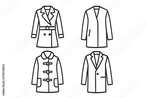Coat and jacket line icon set. Minimalist outline collection of classic and modern outerwear. Vector illustration for fashion and apparel. Trench, duffle, overcoat symbols.