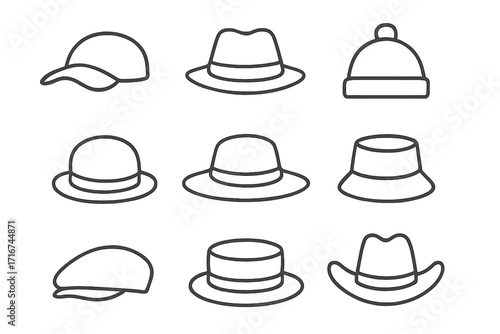Minimalist outline icon set of various hat styles. Vector line art collection with fedora, beanie, bucket hat, cowboy, baseball cap, bowler, and boater. Headwear accessory pack.