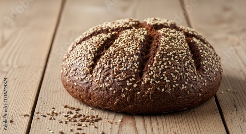 Round dark bread loaf sprinkled with seeds on a wooden surface
