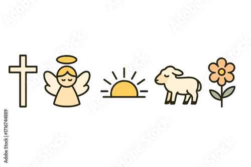 Minimalist religious symbols vector set. Cross, angel, sunrise, lamb, flower icons. Christian Easter symbols, faith, hope, resurrection, peace, purity, spirituality. Cartoon illustration.
