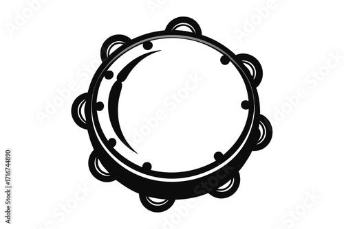 Black and White Tambourine Illustration with Jingles and Curved Decorative Details for Creative Projects