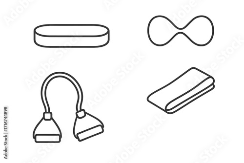 Minimalist resistance bands set outline icons. Fitness elastic bands, exercise loop band, flat band, figure 8, handles. Gym workout accessory vector isolated for training, pilates, physical therapy