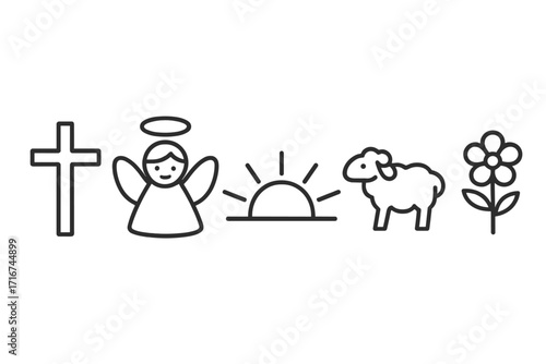 Minimalist religious symbols vector set cross angel sunrise lamb flower cartoon outline illustration faith Easter Christianity spiritual icons transparent background collection ordered design