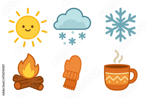 Cartoon vector set of seasonal icons featuring sun, snowcloud, snowflake, campfire, mitten, and hot drink on transparent background. Cozy winter and summer elements. Flat style illustration.