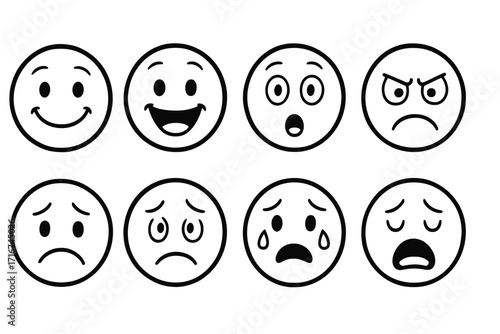 Eight Black and White Emoticon Faces Vector Collection, Diverse Emotional Expressions Including Happy, Sad, Angry, Surprised, Crying, Cartoon Style, Transparent Background, Line Art Icons