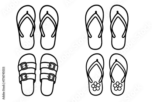 Linear vector set of beach sandals and flip flops, cartoon outline illustration, summer footwear, Birkenstock style, floral decorated sandals, minimalist design, transparent background, collection