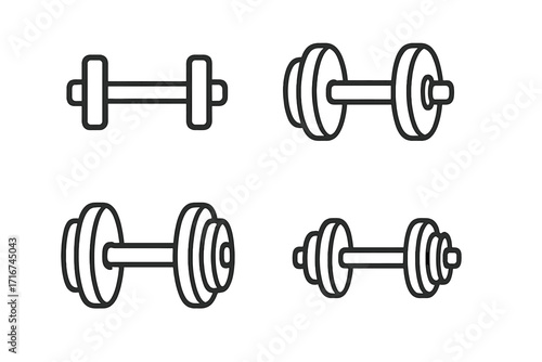 Dumbbell Vector Icons Set for Fitness and Gym, Training Equipment Line Art, Minimal Workout Illustrations, Black Outline Isolated on Transparent Background, Exercise Symbol Collection