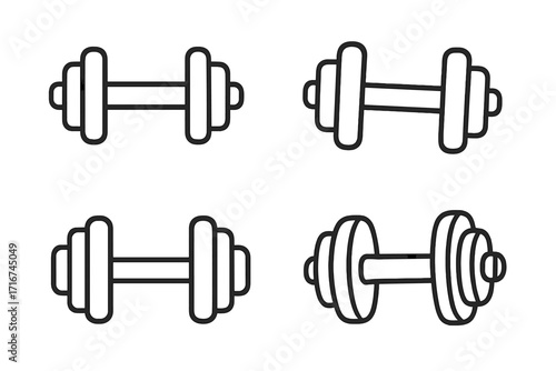 Dumbbell Icon Set for Fitness, Gym, Workout Illustration, Linear Black Outlines, Cartoon Vector, Training Equipment, Transparent Background, Sports Design, Various Dumbbell Styles, Exercise Concept