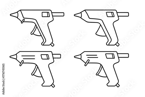 Set of Linear Hot Glue Guns Outline Vector Illustration. Black Line Art Craft Tools Collection. Four Cartoon Glue Gun Isolated Icon Set for DIY, Repair, Crafting, Construction, Transparent Background