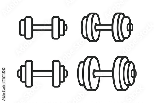 Dumbbell Icon Set Vector Illustration for Fitness and Gym Design Projects, Linear Cartoon Style, Transparent Background, Workout Equipment, Exercise Weights, Minimalist Ordered Set