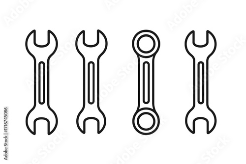 Linear wrench icons set, hand tool vector illustration for maintenance, repair, construction, mechanics, engineering, toolkit design, black outline style, isolated, transparent background